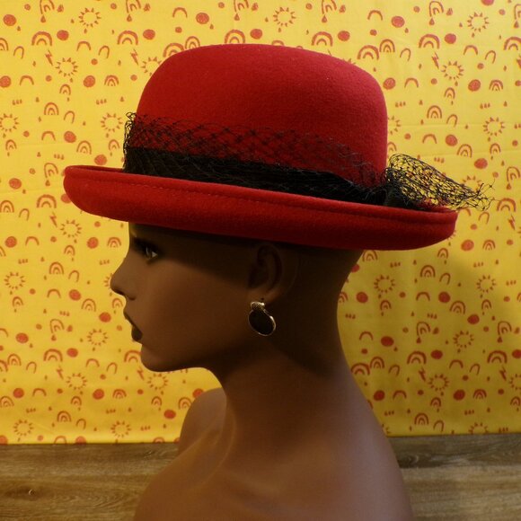 BOLLMAN HAT CO. Women's Vintage Short Brim Red Hat 100% Wool Doeskin Felt Lace - Picture 3 of 12